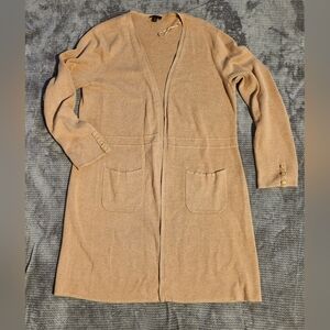 Talbots Womens Long Cardigan, Sz Med Wheat Brown, 2 Pockets, Decorative Buttons